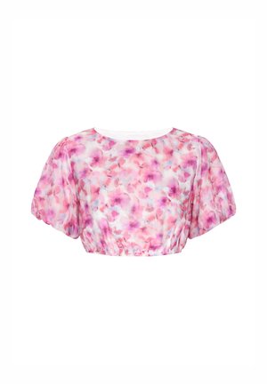 Kurzärmlige Bluse mit floralem Druck in den Farbtönen Pink und Lila, mit einem runden Halsauschnitt und elastischem Saum für eine lockere Passform.