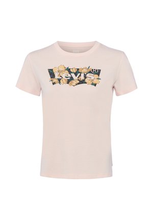 Jasnoróżowy t-shirt z krótkim rękawem z kwiatowym logo Levi's z żółtymi kwiatami i zielonymi liśćmi na piersi.