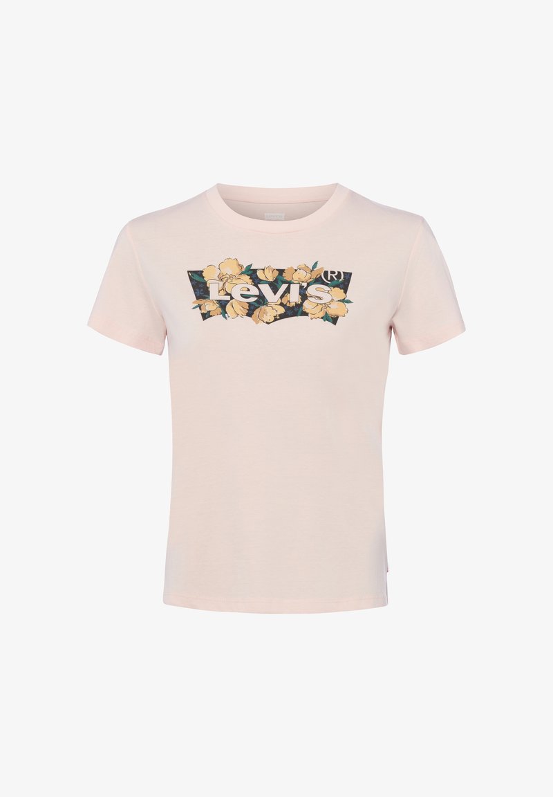 T-shirt rose clair à manches courtes avec un logo floral Levi's comprenant des fleurs jaunes et des feuilles vertes sur la poitrine.