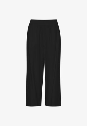 Pantaloni neri a tre quarti con cintura elasticizzata, caratterizzati da una texture liscia e un tessuto leggero, adatti per un abbigliamento casual.