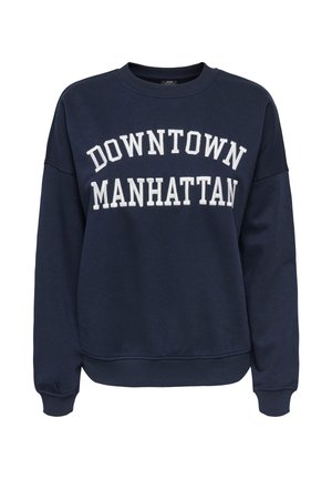 Tumesinine tavalise lõikega dressipluus valge kirjaga "DOWNTOWN MANHATTAN" rinnal, pikkade varrukatega ning soonikkoes mansettide ja äärega.