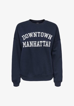Granatowa bluza z okrągłym dekoltem z białym napisem „DOWNTOWN MANHATTAN” na piersi, długie rękawy oraz ściągacze na mankietach i na dole.