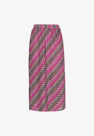 Középhosszú szoknya színes geometrikus mintával, amely rózsaszín, türkiz és zöld színeket tartalmaz. Kényelmes, rugalmas derékkal.