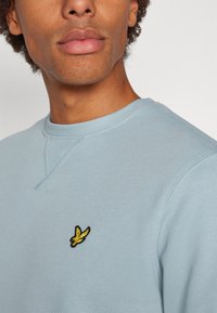 Felpa azzurra in misto cotone, con scollo rotondo e dettagli cuciti. Logo giallo di un uccello ricamato sul petto.