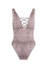 Maillot de bain à imprimé léopard avec un décolleté en V profond et un design à dos croisé. Fabriqué en tissu extensible, il présente une silhouette ajustée et des jambes échancrées.