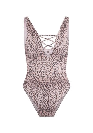 Plavky s leopardím vzorem a hlubokým výstřihem do V, se zkříženým designem na zádech. Vyrobené z elastického materiálu, s přiléhavým střihem a vysokým řezem nohavic.