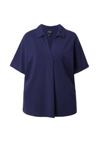 Marineblauw T-shirt met korte mouwen en kraag, voorzien van een V-hals en een losse pasvorm; gemaakt van gladde stof zonder zichtbare patronen of hardware.