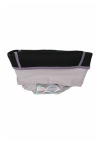 Shorts de bain taille haute avec une bande supérieure noire, un tissu lavande et une partie inférieure à motifs avec un design en écailles aux couleurs pastel.