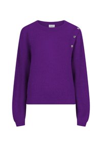 Paarse gebreide trui met een ronde hals, lange mouwen en decoratieve zilveren knopen op de linkerschouder. Gelaagd stof.