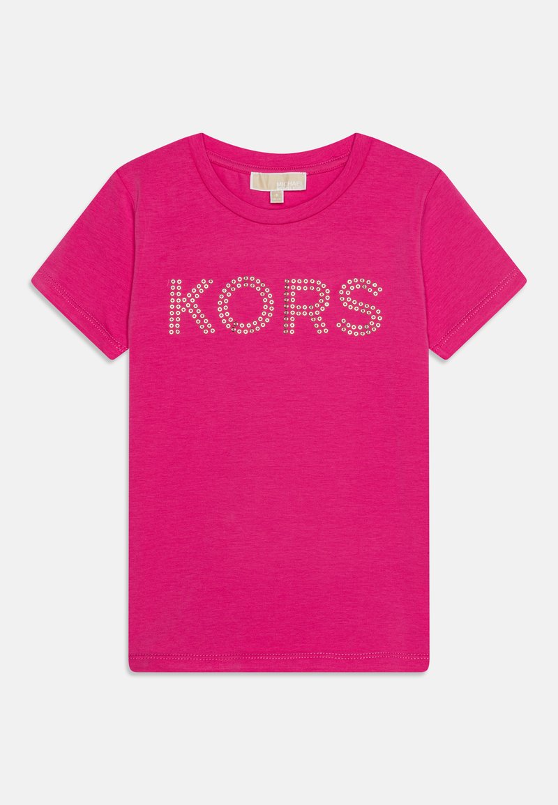 Camiseta rosa de algodón suave, con la palabra "KORS" en strass en el pecho. Cuello redondo clásico y mangas cortas.