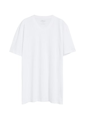 Prosty biały T-shirt z krótkim rękawem i okrągłym dekoltem o luźnym kroju, pokazany na białym tle.