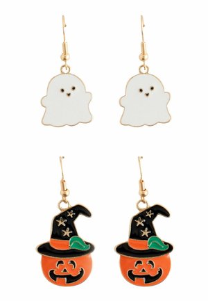 Pairs of Halloween-themed earrings, one set with white ghosts and the other with orange jack-o'-lanterns wearing black witch hats.