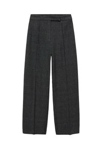 Pantalon large gris foncé avec un motif à carreaux subtil et des plis à l'avant, taille haute et ourlet droit.