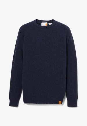 Marineblauer Rundhalsausschnitt-Pullover aus strukturiertem Stoff, mit gerippten Bündchen und Saum, versehen mit einem kleinen orangefarbenen Timberland-Logo-Patch.