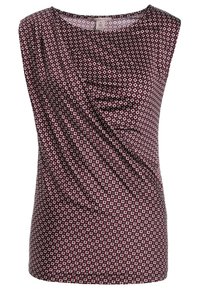 Top senza maniche realizzato in tessuto borgogna con un motivo geometrico di quadrati bianchi e rosa. Il design drappeggiato aggiunge texture.