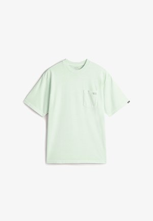 T-shirt vert menthe clair, manches courtes, col rond, poche sur la poitrine gauche, coupe standard, fabriqué en mélange de coton.