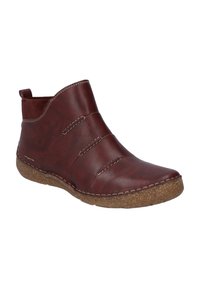 Bottine bourgogne en cuir lisse avec des accents cousus et une semelle en caoutchouc texturée marron. Présente un design à coupe basse de style western.