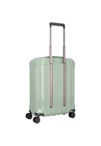 Valigia rigida di colore verde menta, con texture a righe verticali, manici telescopici argentati e quattro ruote nere per la mobilità.