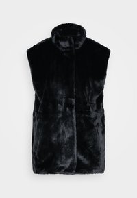 Zwarte bontvest met hoge kraag, mouwloos ontwerp en twee voorzakken. Zachte textuur en een gladde afwerking. Geen zichtbare sluitingen.