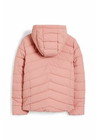Giacca puffer rosa con cappuccio, caratterizzata da un'imbottitura a zigzag, una texture liscia e polsini elasticizzati. La vista posteriore mette in evidenza il design e la struttura.