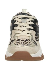 Leopard print sneakers with beige, black, and gold accents. Features soft suede material, textured upper, and a chunky white rubber sole.
