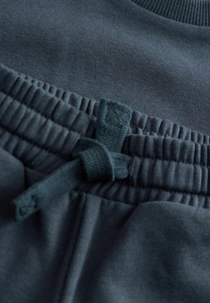 Tmavě šedé tepláky mají elastický pas s texturovanou šňůrkou a hladkým materiálem. Prezentují měkkou látku a jemné švy.