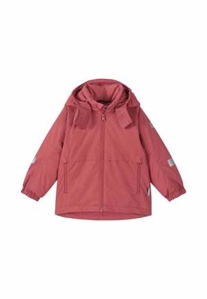 Giacca con cappuccio rosa per bambini con zip frontale, due tasche con zip, polsini elastici e toppe riflettenti sulle maniche.