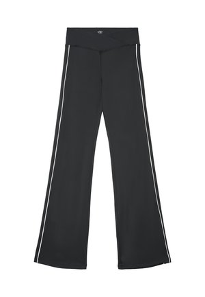 Schwarze, weit geschnittene Hose mit hoher Taille und weißen Seitenstreifen, mit einem kleinen Logo in der Mitte des Taillenbands.