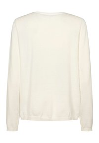 Gebreide crèmekleurige trui met lange mouwen, gemaakt van zacht breisel. Heeft een ronde hals, geribbelde boorden en een rechte zoom met een lichte verlaging aan de achterkant.