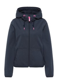 Felpa con zip blu navy caratterizzata da un cappuccio con cordino, due tasche frontali e dettagli rosa sulle zip e sui cordini. Tessuto morbido e liscio.