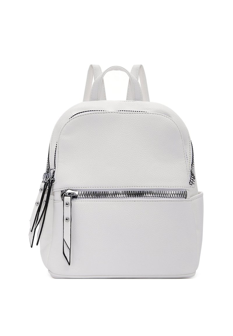 Zaino bianco in pelle con una finitura testurizzata, dotato di una tasca frontale con zip, spallacci doppi e zip decorative.