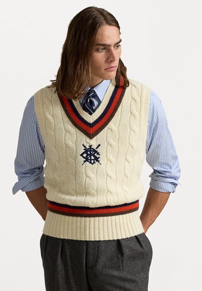 Homme aux cheveux mi-longs portant une chemise rayée bleue, une cravate marine et un gilet en tricot crème avec des motifs en rouge et marine.