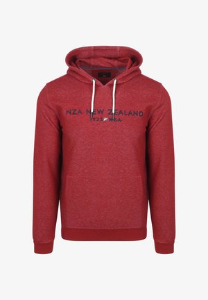 Rode hoodie gemaakt van gestructureerde stof met een kangoeroezak. Voorzien van een marineblauw gedrukt logo en contrasterende trekkoorden.