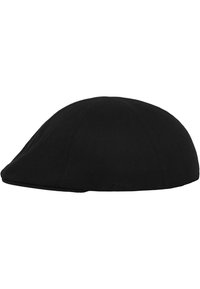 Black flat cap made of textured fabric, featuring a rounded top and a short, stiff brim. The design is smooth with stitched detailing.