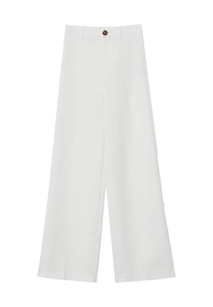 Wide-leg trousers in white fabric with a smooth texture, featuring a front button closure and minimalistic design.