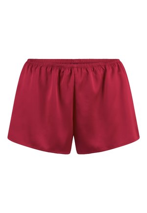 Červené šortky vyrobené z hladké tkaniny s elastickým pasem. Volný střih a žádné další detaily nebo kapsy. Jednoduchý design, čisté okraje.
