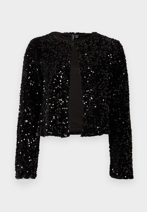Chaqueta de lentejuelas negras con un diseño corto, mangas largas y un escote redondo. Presenta un forro interior suave y un frente abierto.