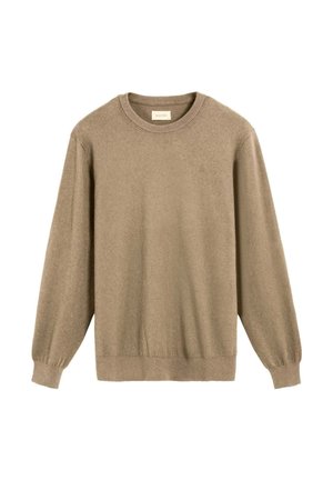 Pulover tricotat bej cu guler rotund, mâneci lungi și manșete cu nervuri. Textură moale cu un accent discret al logo-ului pe piept.