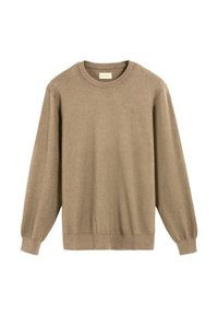Suéter de punto beige con cuello redondo, mangas largas y puños acanalados. Textura suave con un sutil acento del logo en el pecho.