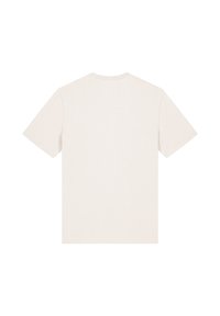 T-shirt à manches courtes en tissu beige clair, avec un col rond classique et un design uni au dos, fabriqué en coton doux.