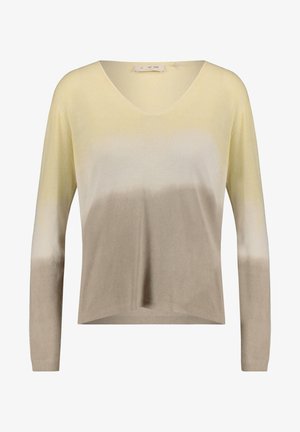 V-Ausschnitt Pullover mit einem Farbverlaufdesign, das oben gelb und unten beige ist. Weicher, gestrickter Stoff und lange Ärmel.