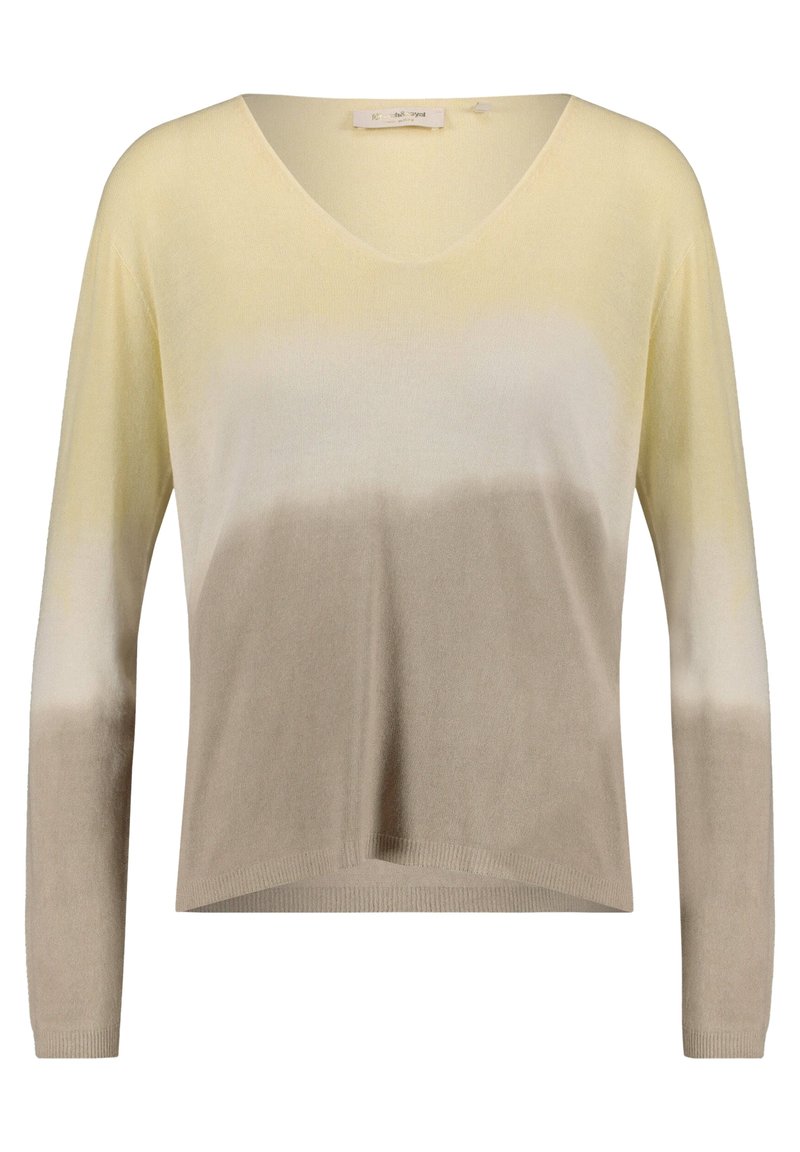 Suéter de cuello en V con un diseño degradado que presenta amarillo en la parte superior y beige en la parte inferior. Textura suave de punto y mangas largas.