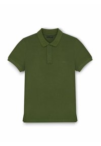Koszulka polo w oliwkowym kolorze, wykonana z mieszanki bawełny. Posiada klasyczny kołnierzyk, zapięcie na trzy guziki oraz krótkie rękawy. Gładkie, fakturowane wykończenie.