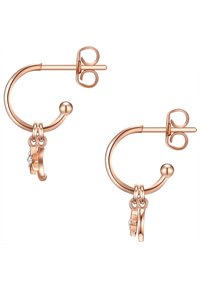 Roséguld hoops øreringe med et cirkulært design, der har en lille diamant accent og to sammenkoblede løkker for ekstra detaljer.