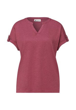 Kurzärmelige Bluse in staubigem Rosé mit V-Ausschnitt und hochgekrempelten Manschetten, die mit kleinen Knöpfen fixiert sind, aus weichem, strukturiertem Stoff.