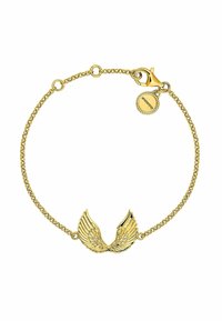 Pulsera de metal dorado con un diseño en forma de alas, delicados eslabones de cadena y un cierre de langosta con un pequeño colgante de logo adjunto.