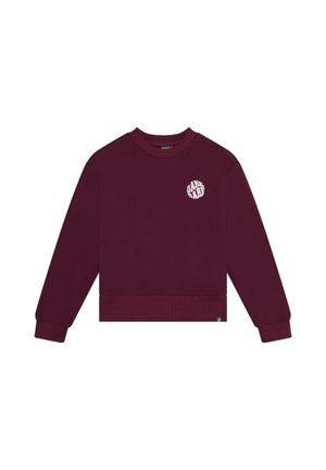 Bordeaux långärmad sweatshirt med ribbade muddar och fåll, med en liten vit cirkulär "DARE DARE"-logotyp på vänster bröst.