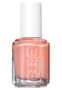 Essie Nagellack in einer transparenten Glasflasche mit einer pinkfarbigen Flüssigkeit und einem glänzenden weißen Deckel. Texturiertes Branding auf der Flasche.