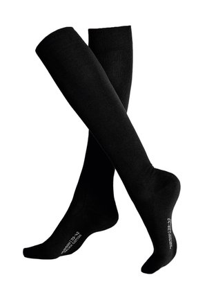 Black knee-high socks with reinforced toes and white text on the sole against a white background.