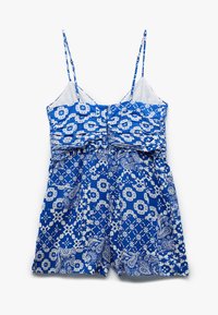 Blauwe rompert met een patroon en spaghettibanden, met witte bloemen- en paisleypatronen. Zachte stof met een elastische tailleband voor comfort.